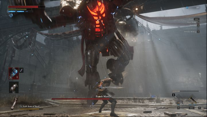 After a few blocks and dealing some damage the boss's health bar will turn white - Lies of P: How to beat Parade Master boss? - Main - Lies of P Guide