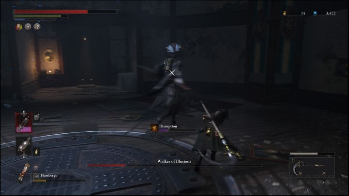 If the boss starts screaming, move away from him as quickly as possible , as during that time, it will be hard to land some hits, and if you're close, the Disruption bar will start to fill - Lies of P: How to defeat the Walker of Illusions boss? - Main - Lies of P Guide