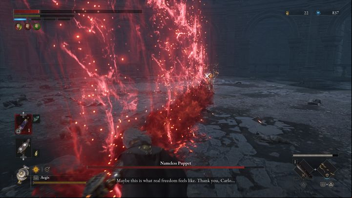 When the boss jumps into the air and his weapon starts to glow red, he will strike the ground, creating 3 shockwaves that will fly your way - Lies of P: How to defeat Nameless Puppet boss? - Sidebars - Lies of P Guide