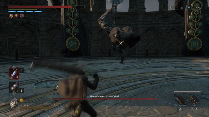 The boss most of the time attempts to close the distance by moving towards you, and then dragging his weapon on the ground two times - Lies of P: How to defeat Simon Manus, Arm of God/Awakened God boss? - Main - Lies of P Guide