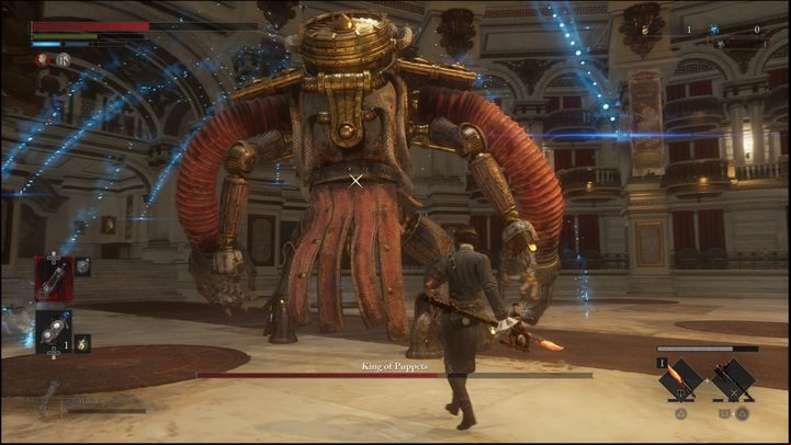 The boss can also start firing blue scattered projectiles, which explode after a while and deal a lot of damage - Lies of P: How to defeat the Puppet King / Romeo, the Puppet King boss? - Main - Lies of P Guide