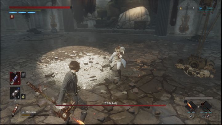 The White Lady is a human opponent susceptible to deadly attacks from the back, but in this case, the boss often avoids and dodges quickly, which may make it a difficult task - Lies of P: How to defeat the White Lady boss? - Sidebars - Lies of P Guide