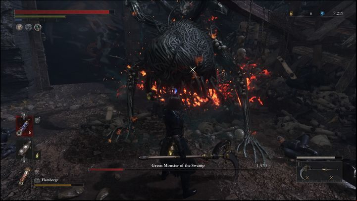 If you managed to stun the boss, you can perform a Fatal Attack - Lies of P: How to defeat Green Monster of the Swamp/Puppet-Devouring Green Monster? - Main - Lies of P Guide