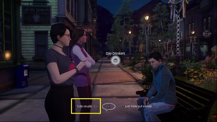 If you want to make them both happy, approach them and select the dialogue option "cute couple" - Life is Strange True Colors: Outside the festival - walkthrough - Chapter 4 Flicker - Life is Strange True Colors Guide