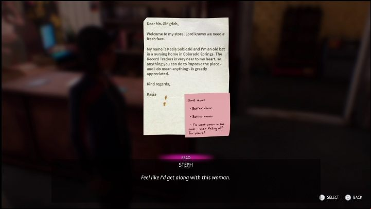 On the right side of the counter, right next to the gift box, you'll see a note from the store owner - Life is Strange True Colors Wavelengths: Spring - walkthrough - Wavelengths DLC - Life is Strange True Colors Guide