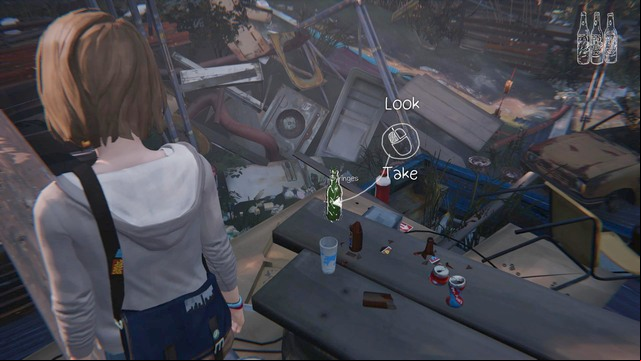 Right next to Chloe, on the left side, you will find a ageway leading to an elevation, from where you will be able to get the last bottle - Life is Strange: Out of Time, Chapter 3 - Walkthrough - Life is Strange Game Guide & Walkthrough