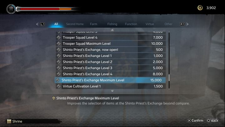 The Shinto Priest will be standing next to the second shrine in Rakunai throughout the majority of the game, but you can check his offer only after purchasing items from the Shinto Priest's Exchange group with Virtue - Like a Dragon Ishin: Shops in Kyo - Secrets and activities - Like a Dragon Ishin Guide