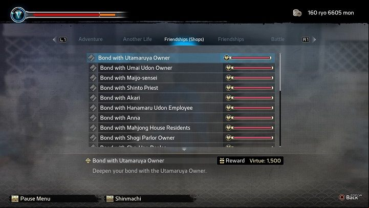 You'll find information about available Friendships in the Diligence Records menu, more specifically in the Friendships (Shops) tab - Like a Dragon Ishin: Friendships - Shops - Secrets and activities - Like a Dragon Ishin Guide