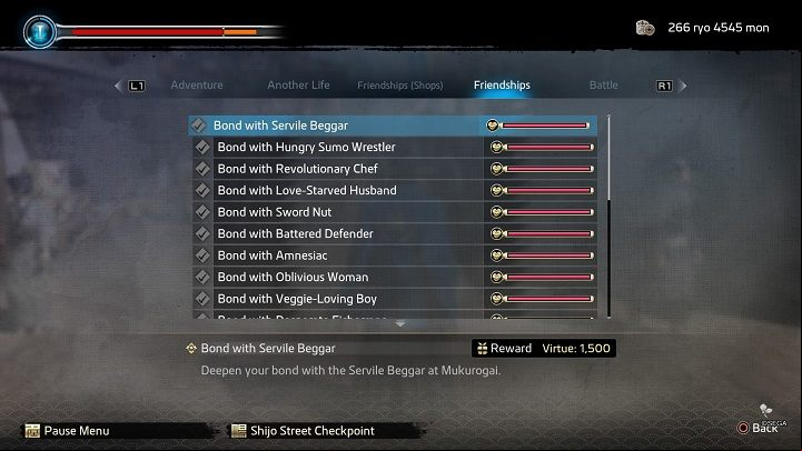 To get information regarding your Friendships and Bonds, visit Diligence Records from the menu and choose Friendships tab - Like a Dragon Ishin: Bonds - Secrets and activities - Like a Dragon Ishin Guide