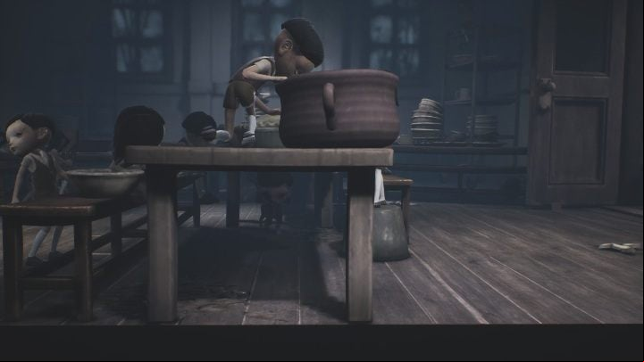 Sneak under the table to get past the fight going on upstairs - Little Nightmares 2: Kitchen - Chapter 2 Orphanage walkthrough - Chapter 2 - Orphanage - Little Nightmares 2 Guide