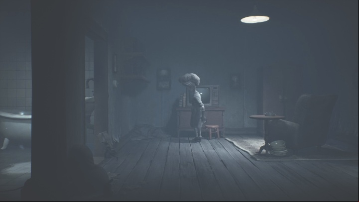 Leave the bathroom by jumping over the water, then turn off the TV - Little Nightmares 2: Building - Chapter 4 walkthrough - Chapter 4 - Getting to the Tower - Little Nightmares 2 Guide