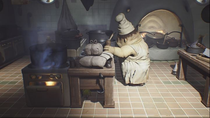 Hide under the table and do not let yourself be detected. - Little Nightmares: First meeting with the cook - walkthrough - The Kitchen - Little Nightmares Game Guide