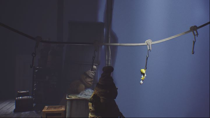 Run to the right and catch another hook. - Little Nightmares: Room with the dirty dishes - walkthrough - The Kitchen - Little Nightmares Game Guide