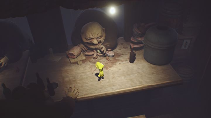 Run across the table - its best to use a combination of sprinting and jumps. - Little Nightmares: Explore the cafeteria, run from the guests - walkthrough - The Guest Area - Little Nightmares Game Guide