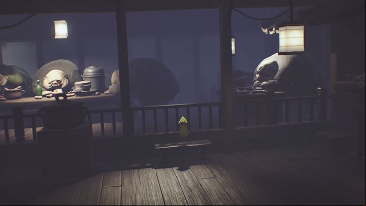 Scale the railing and run from the beasts. - Little Nightmares: Explore the cafeteria, run from the guests - walkthrough - The Guest Area - Little Nightmares Game Guide