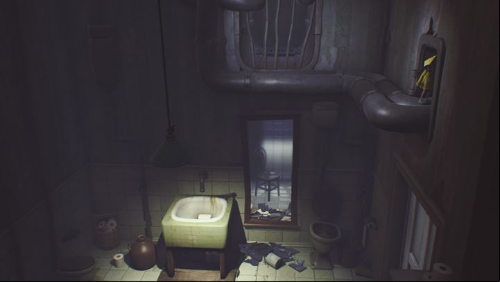 Hide from the cook, smash the mirror and use the ladder to go up. - Little Nightmares: Meet with the cook, final escape from beasts - walkthrough - The Guest Area - Little Nightmares Game Guide
