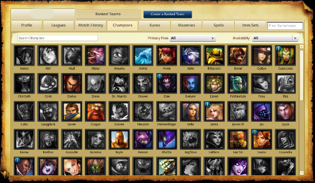 This tab contain list of all the champions in the game - Champions | Player profile - Player profile - League of Legends Game Guide
