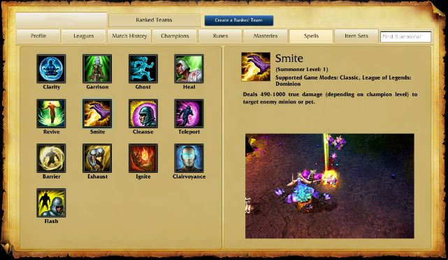 Each player can choose 2 from 13 available spells before a game starts - Spells | Player profile - Player profile - League of Legends Game Guide