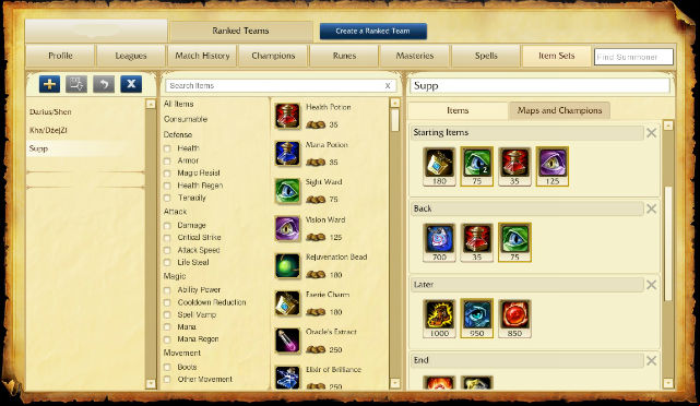 The last tab contains item sets, adjusted to particular champions - Item sets | Player profile - Player profile - League of Legends Game Guide