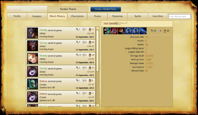 This tab contains information about last 20 matches - Match History | Player profile - Player profile - League of Legends Game Guide