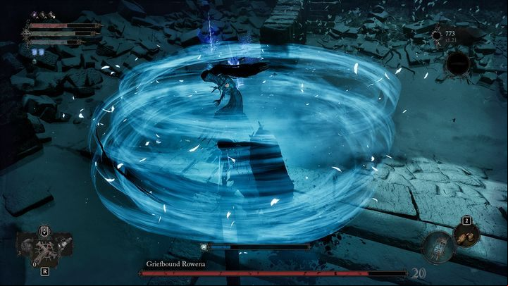 When fighting in close combat, Rowena can create an ice storm - Lords of the Fallen: How to defeat the Griefbound Rowena boss? - Optional - Lords of the Fallen Guide