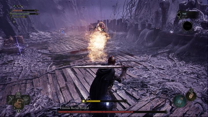 that clones do not have their own health bars, they are only summoned for a moment, so do not focus on attacking them, just go on the defensive - Lords of the Fallen: How to defeat the boss Crimson Rector Percival? - Optional - Lords of the Fallen Guide