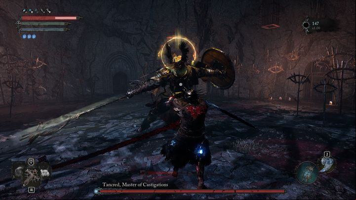 When it comes to this sword attacks, you can mitigate them by performing a side dodge at a right moment - Lords of the Fallen: How to defeat Tancred, Master of Castigations boss? - Main - Lords of the Fallen Guide
