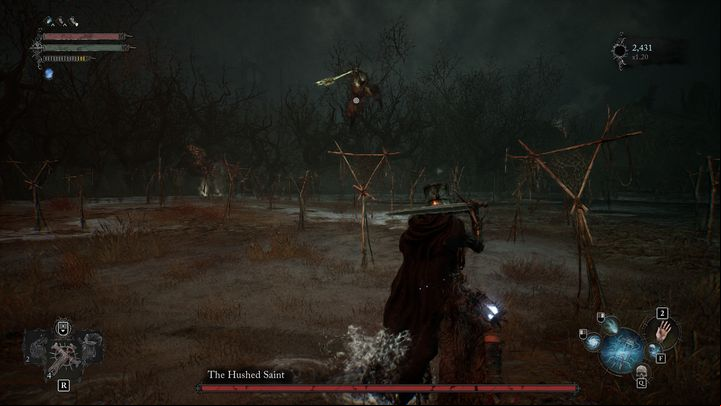 When dismounting, The Hushed Saint will jump into the air and throw his weapon at you - Lords of the Fallen: How to beat boss The Hushed Saint? - Main - Lords of the Fallen Guide