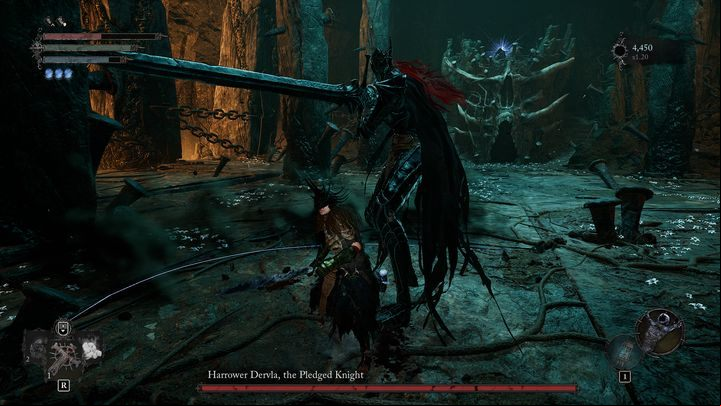 During the initial seconds of the fight, the boss will take his time preparing, so if you have an offensive spell or a ranged weapon equipped, attack Dervla - Lords of the Fallen: How to defeat Harrower Dervla, the Pledged Knight boss? - Main - Lords of the Fallen Guide