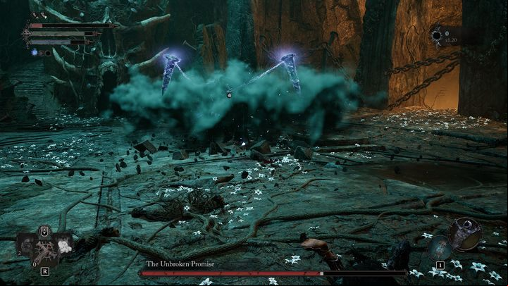 When Unbroken Promise's health drops below 80%, it will explode and create a few nails that are connected to the boss - Lords of the Fallen: How to defeat Harrower Dervla, the Pledged Knight boss? - Main - Lords of the Fallen Guide