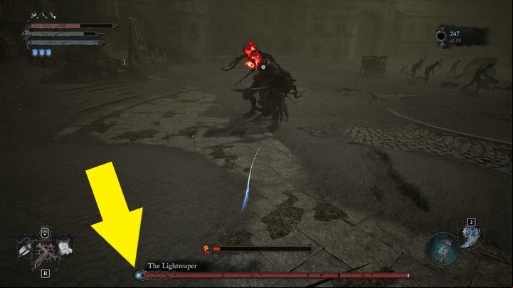 After the battle against The Lightreaper is initiated, you can see that on his health bar visible on the left, there is a blue dot, which means that he has a ive in place - Lords of the Fallen: How to defeat The Lightreaper boss? - Main - Lords of the Fallen Guide