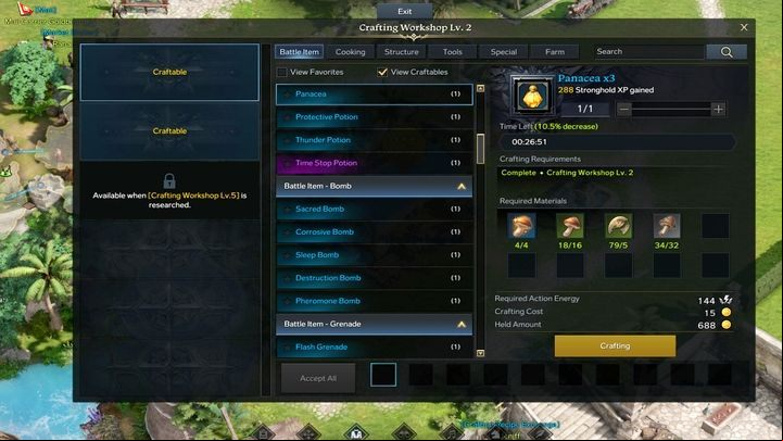 The Workshop is where you can craft new, useful items, such as healing potions, ones that add buffs, or better tools - Lost Ark: Stronghold - Basics - Lost Ark Guide