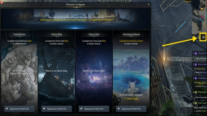 After starting the game and scheduling some playtime for the day you should check Procyon's Com (the com icon below the mini-map) to see what events are available - Lost Ark: Daily activities - list - Activities after level 50 - Lost Ark Guide