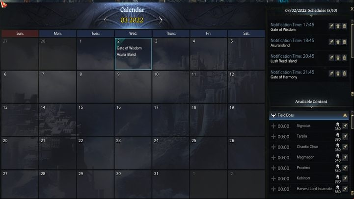 The calendar, on the other hand, shows a detailed plan of the day and the following days, along with the scheduled times - Lost Ark: Daily activities - list - Activities after level 50 - Lost Ark Guide