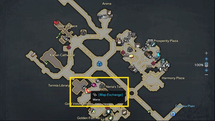 On the left side of town, inside the Termia Library, you will find Maria, who will exchange your map for another for a fee - Lost Ark: Secret Dungeons and Treasure Maps - Basics - Lost Ark Guide