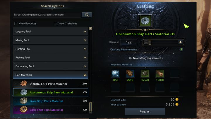 They have a fabrication menu where you can construct Ship Parts Material of any type - as long as you have the materials - Lost Ark: Ship - how to upgrade? - Ships - Lost Ark Guide
