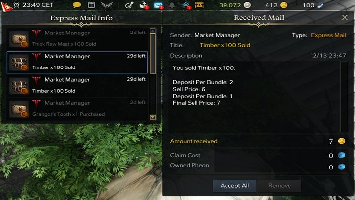 If someone buys your item you'll be notified via mail and to redeem your cash you must collect it from the attachment (Accept) - Lost Ark: Auction House and the Market - Basics - Lost Ark Guide