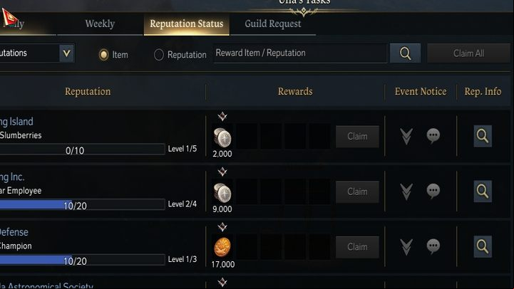 Reputation status rewards are the most important source of gold and valuable rewards - Lost Ark: Unas Tasks - Unas Tasks - Lost Ark Guide