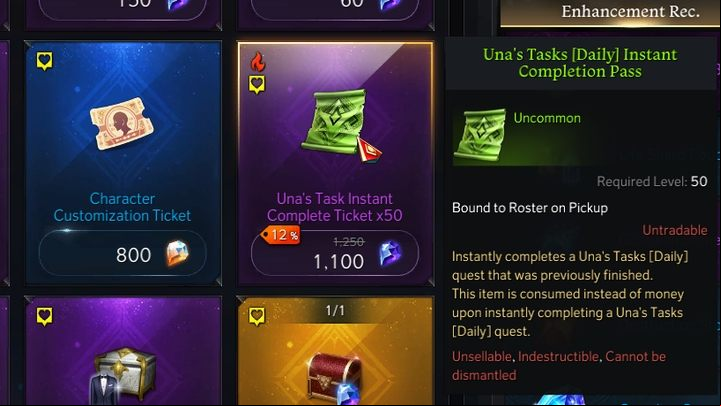 Once you start a task, you can complete it immediately using blue crystals or an item from the game store: Una's Tasks Instant Completion , which allows you to complete the quest for 25 crystals - Lost Ark: Unas Tasks - Unas Tasks - Lost Ark Guide