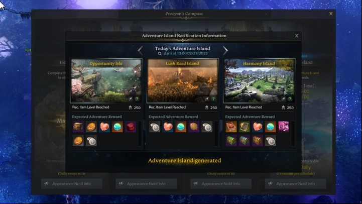 By examining the island details you can check the available rewards - Lost Ark: Procyons Com - what is it, how to use? - Activities after level 50 - Lost Ark Guide