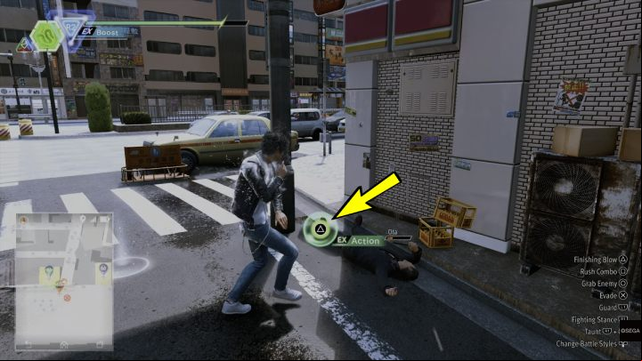 When the Triangle/Y appears in the center of the screen, press the appropriate button to trigger an EX action - Lost Judgment: Combat - Basics - Lost Judgment Guide