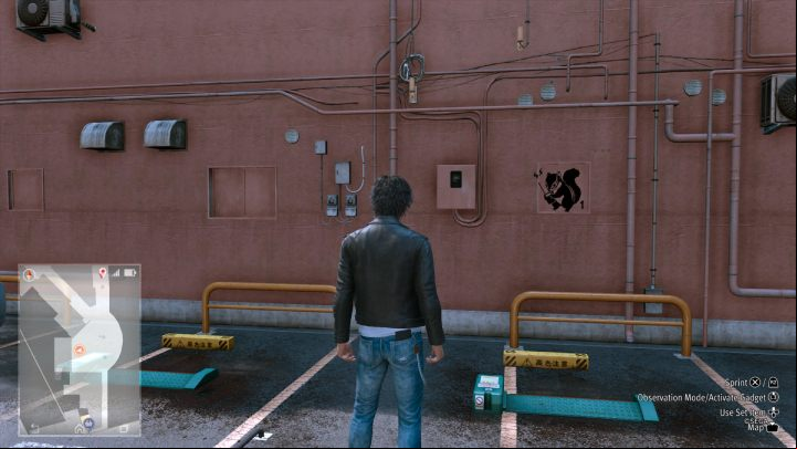 The 18th picture is on a wall near the parking lot in the Bar District - Lost Judgment: Squirrel search Bar District - all squirrels, map - Ijincho - Lost Judgment Guide