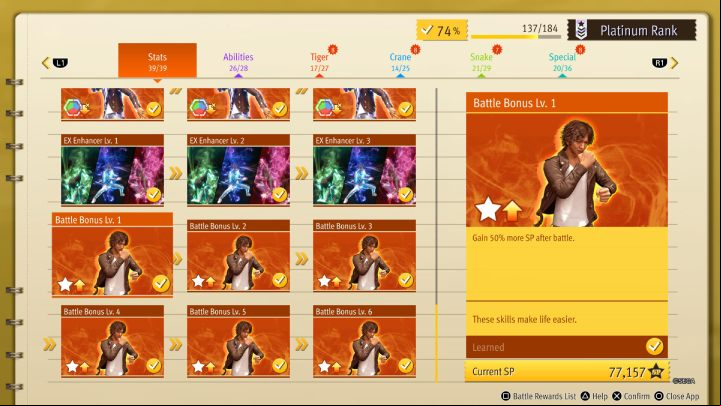 The first tab has skills that enhance health, attack, and EX actions - Lost Judgment: Best skills - Basics - Lost Judgment Guide