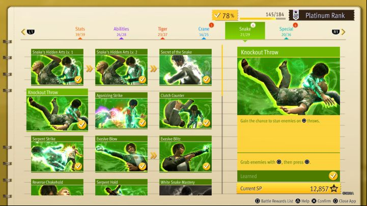 If your favorite fighting style is Snake, you will find plenty of useful skills in this tab - Lost Judgment: Best skills - Basics - Lost Judgment Guide