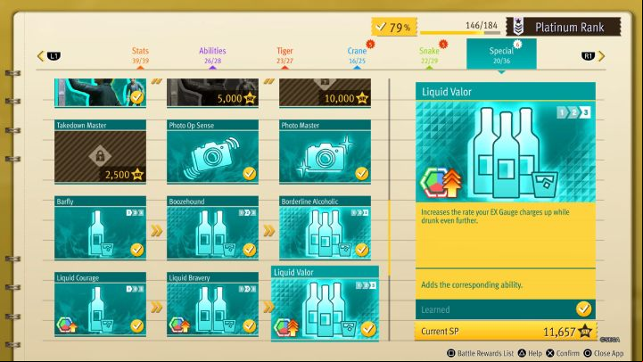 In the last tab, you will find a number of skills that will not only make combat easier for you, but will also increase your alcohol tolerance and the recharge speed of your EX gauge by drinking and smoking - Lost Judgment: Best skills - Basics - Lost Judgment Guide