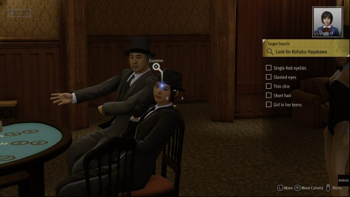 In search mode, investigate the girl in the suit sitting at the table - Lost Judgment: Casino - walkthrough - School Stories - Lost Judgment Guide