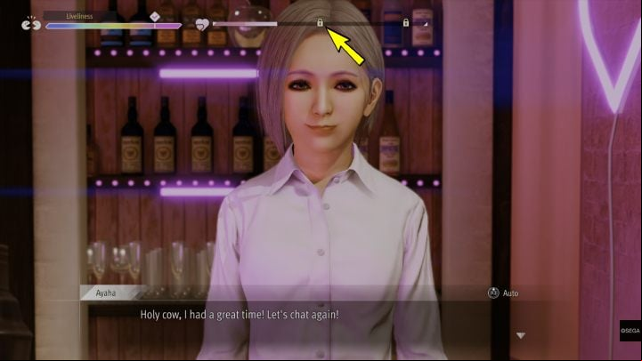 When the friendship level reaches the padlock, exit the bar and re-enter it - Lost Judgment: Girls Bite - walkthrough, solution - School Stories - Lost Judgment Guide