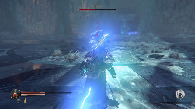 When you stand too close to the boss, he will start preparing his attack, you will not manage to escape the beam of lightning. - Annihilator - Chamber of Lies | Bosses - Bosses - Lords of the Fallen 2014 Game Guide & Walkthrough