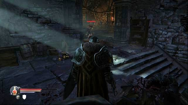 In the location shown in the screenshot, go off the path, down the stairs to the basement and you will obtain the Huge Key [M1 - Find the key for Kaslo | Keystone Citadel - Keystone Citadel - Lords of the Fallen 2014 Game Guide & Walkthrough