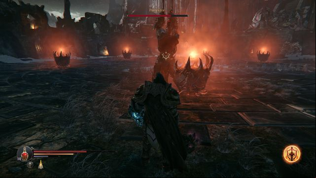 Keep moving, because the opponent sends fireballs at you. - The fight with the Protector | The Temple - another visit - The Temple - another visit - Lords of the Fallen 2014 Game Guide & Walkthrough